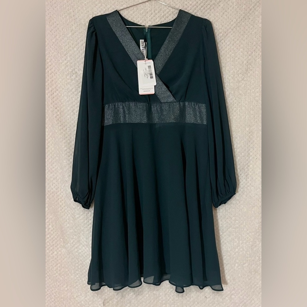 JJs House Long Sleeve V-Neck Dress with Metallic Trim Formal Flowy Womens Sz XL